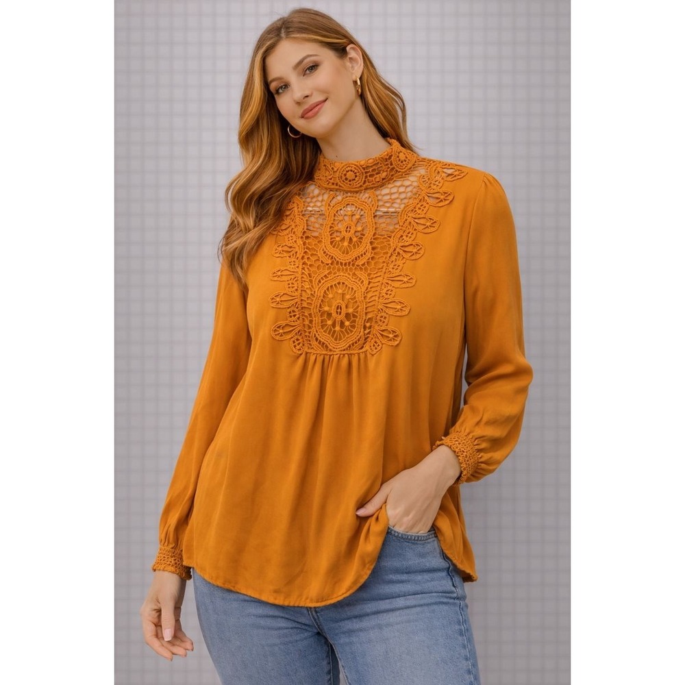 Xhilaration Crochet Lace Mock Neck Blouse Long Sleeve Women Size L - Picture 1 of 6